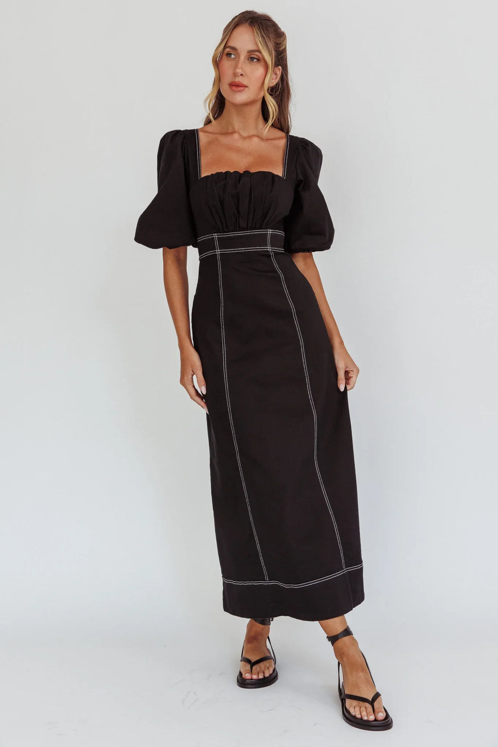 Sibille Puff Sleeve Contrast Stitch Dress Black