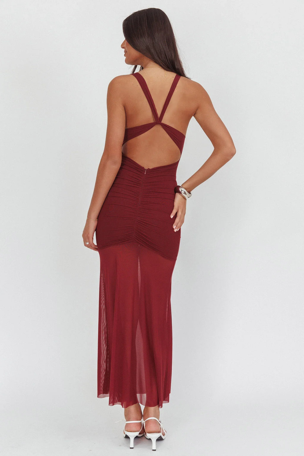 Sade Sheer Panel Ruched Maxi Dress Wine