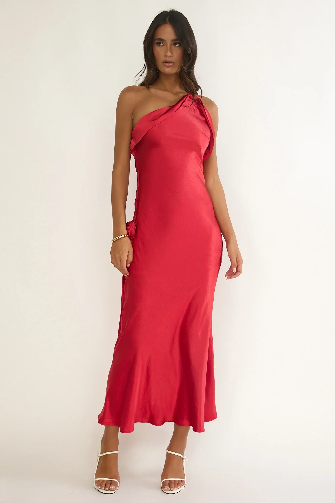 Star Fall One-Shoulder Rosette Maxi Dress Red