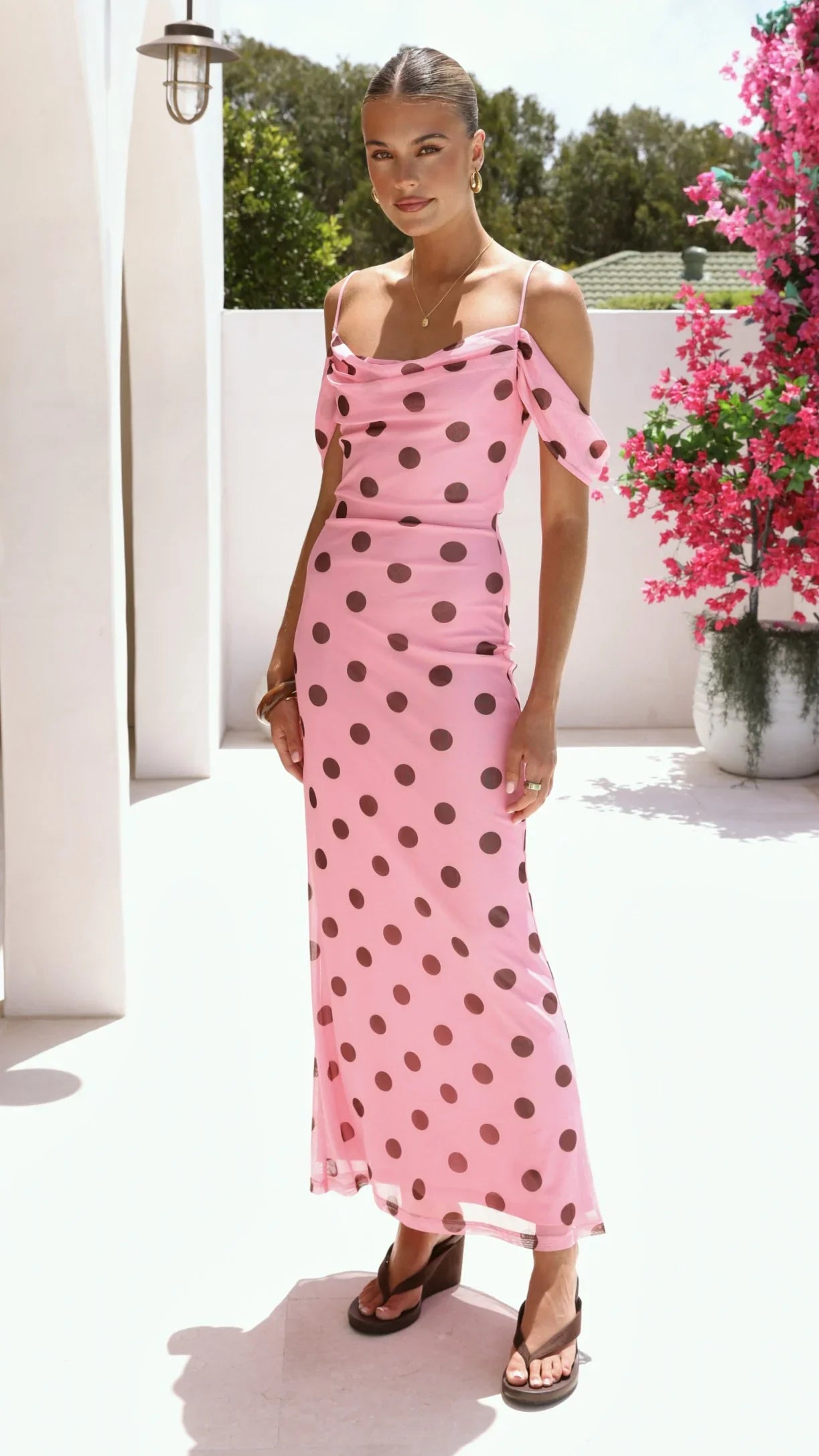 Mairi Maxi Dress - Pink / Brown Polka