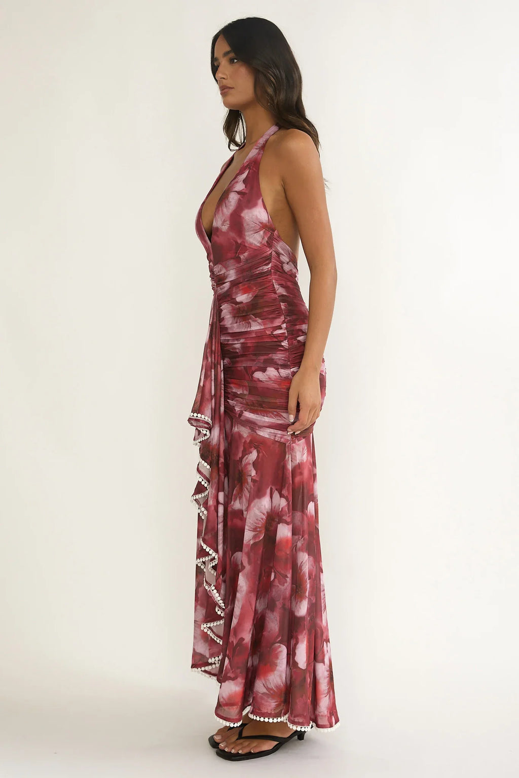 Kamilah Ruched Ruffle Maxi Dress Floral Red