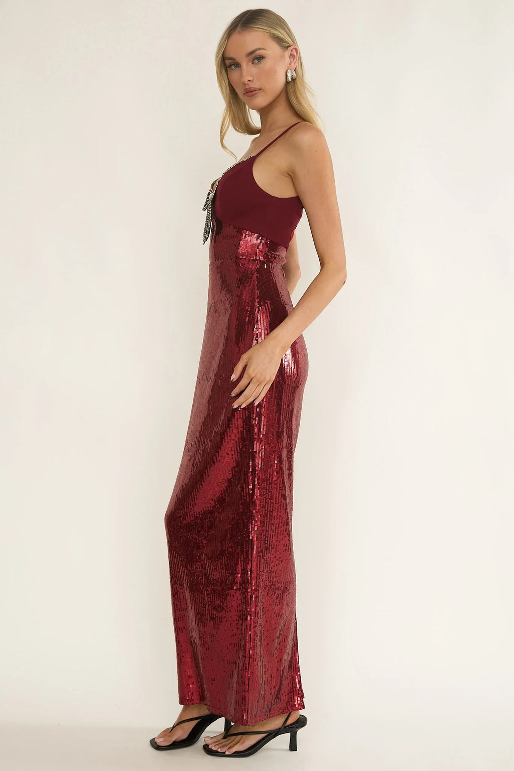 Nolani Sequin Bow & Diamante Maxi Dress Wine