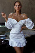 Ode To Love Sweetheart Neckline Balloon Sleeve Dress White