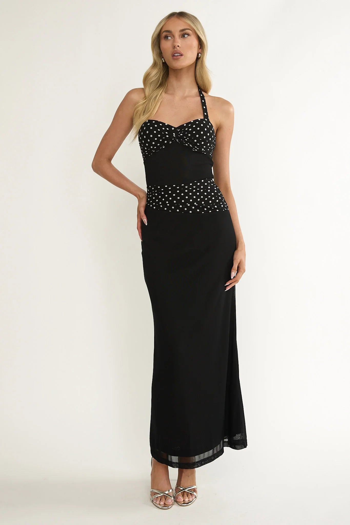 Swan Halterneck Ruched Waist Maxi Dress Black