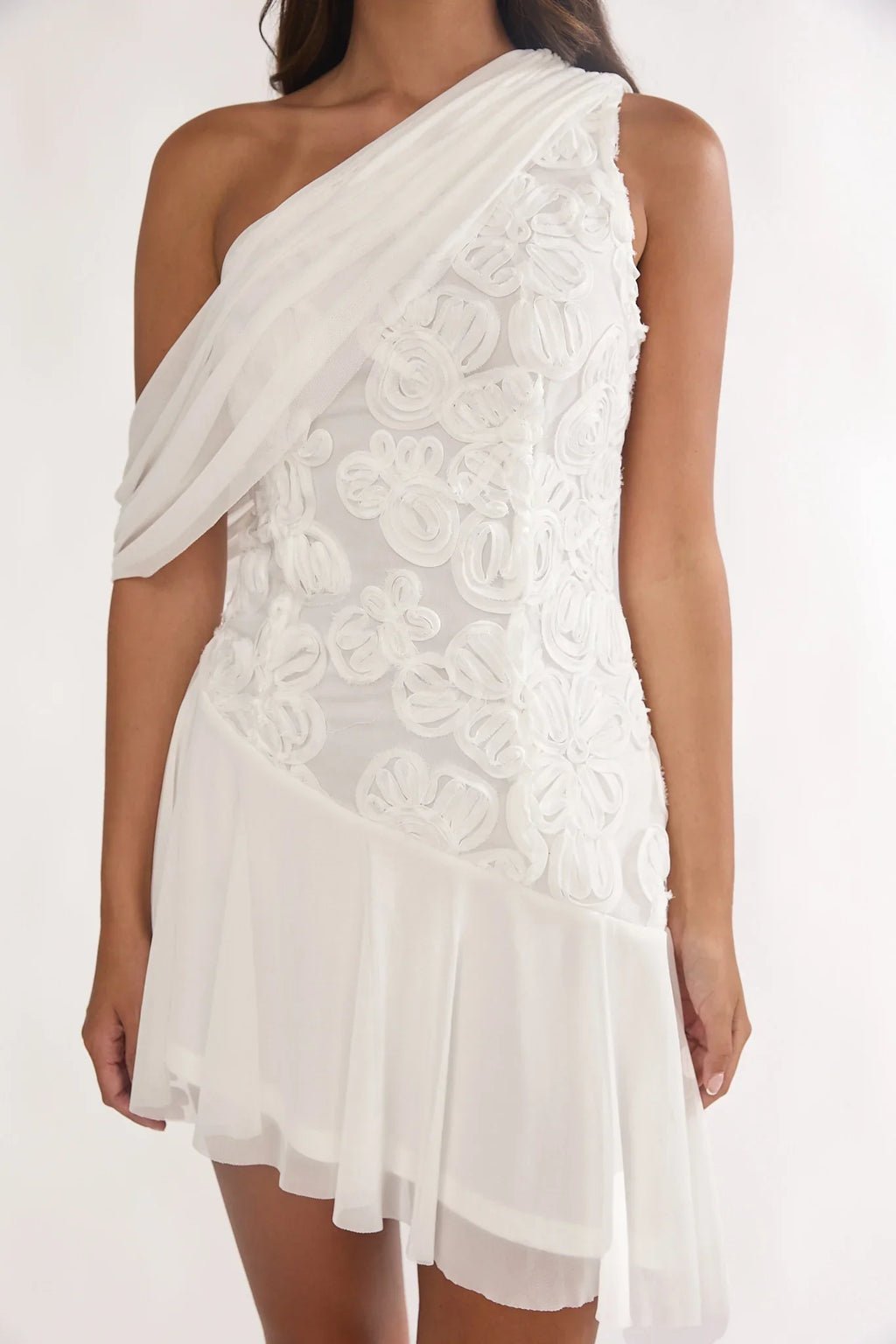 Anaisa One-Shoulder Draped Mini Dress Embellished Off White