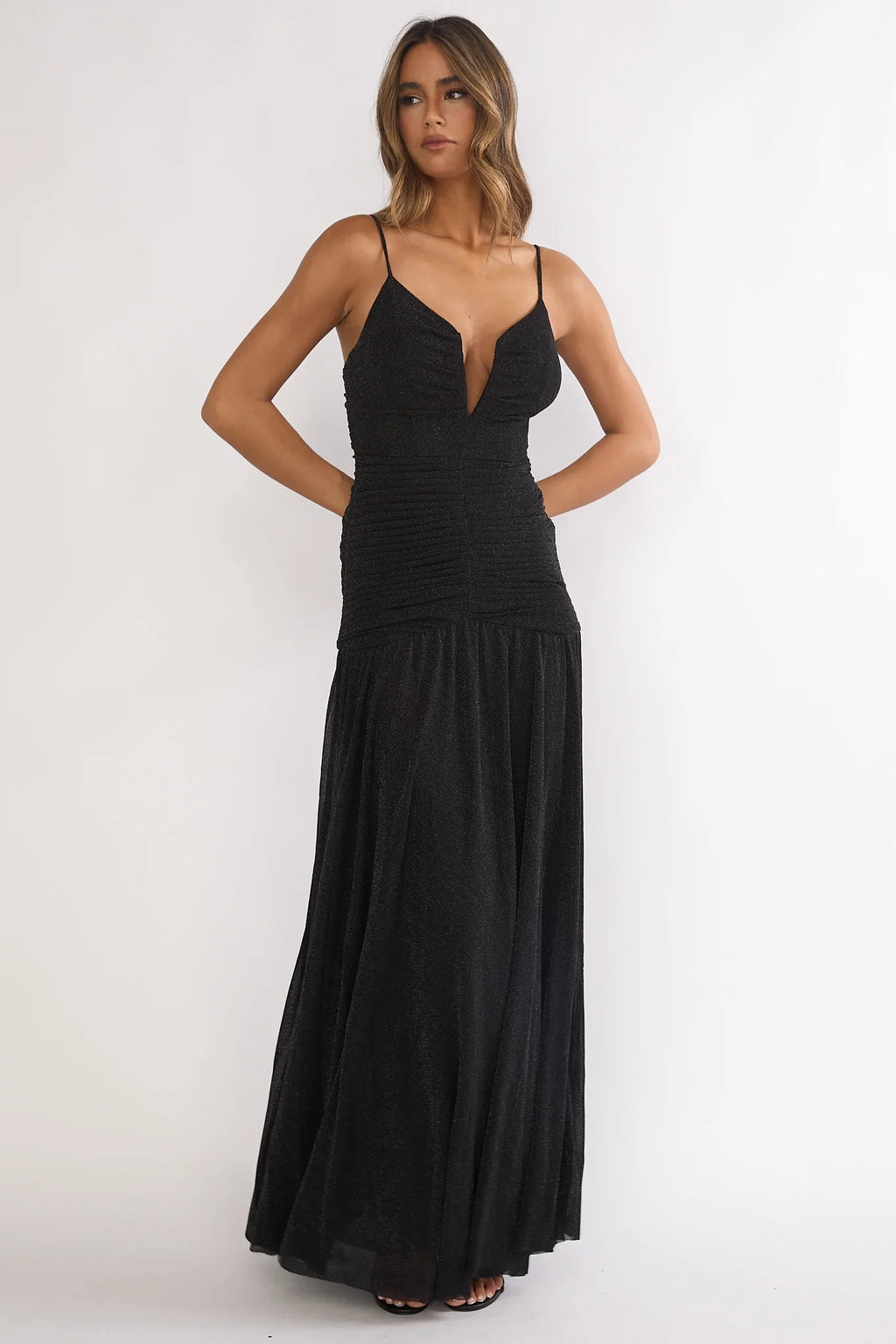 Orizel Pintuck Drop Waist Maxi Dress Sparkle Black