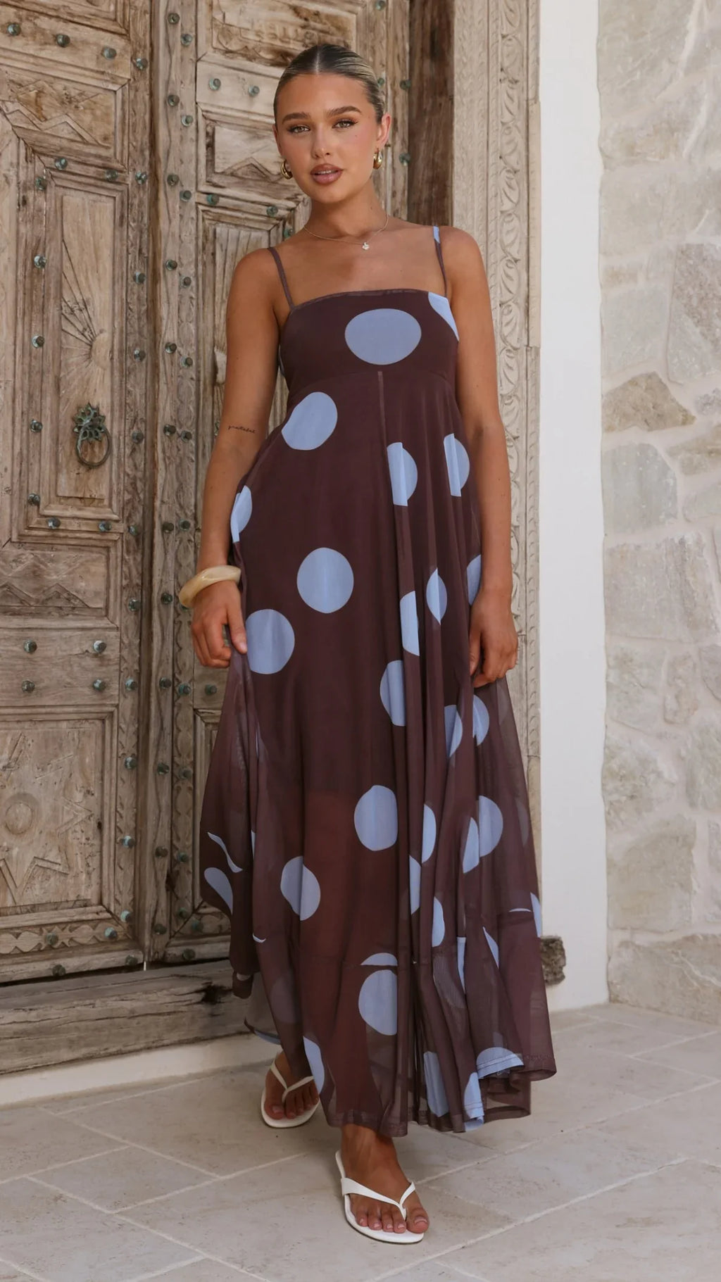 Melinda Mesh Maxi Dress - Brown / Blue Polka Dot