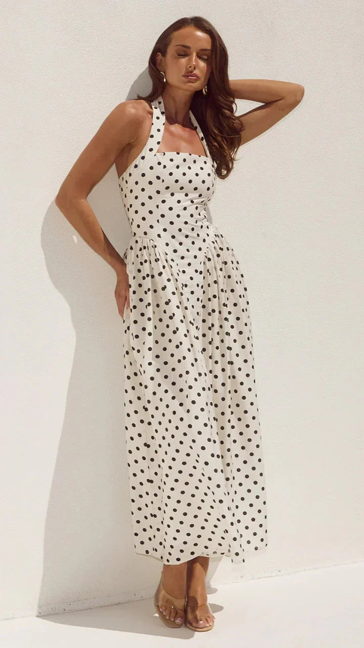 Sammi Halter Midi Dress - Cream/Black Polka