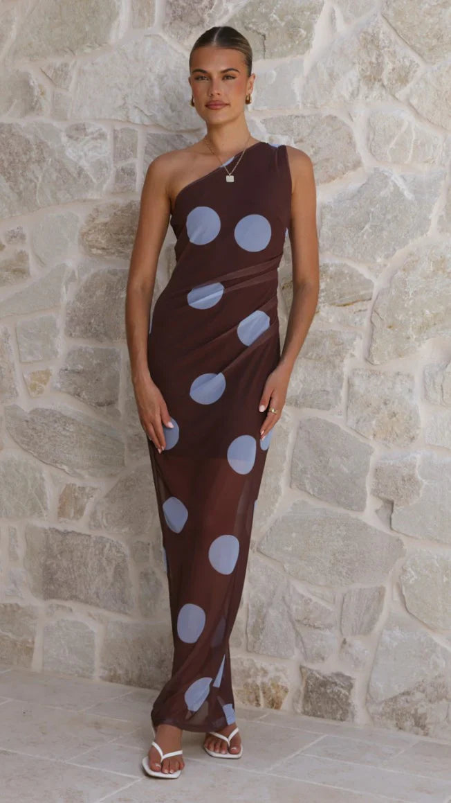 Cataleya Mesh Maxi Dress - Brown / Blue Polka Dot