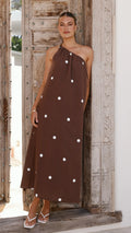 Nasira One Shoulder Maxi Dress - Chocolate / White Polka Dot