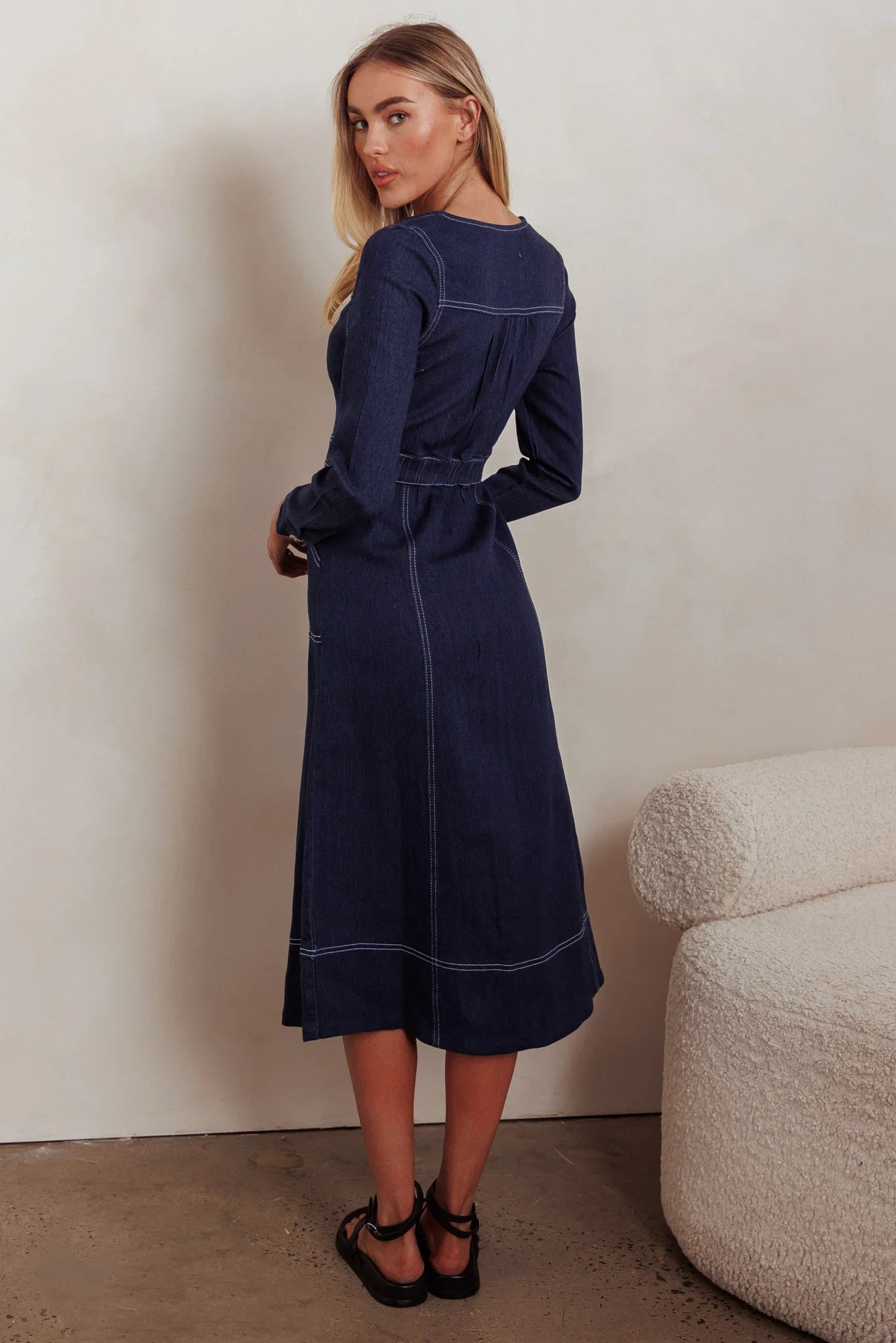 Aspen Love Front Pocket Long Sleeve Midi Dress Indigo