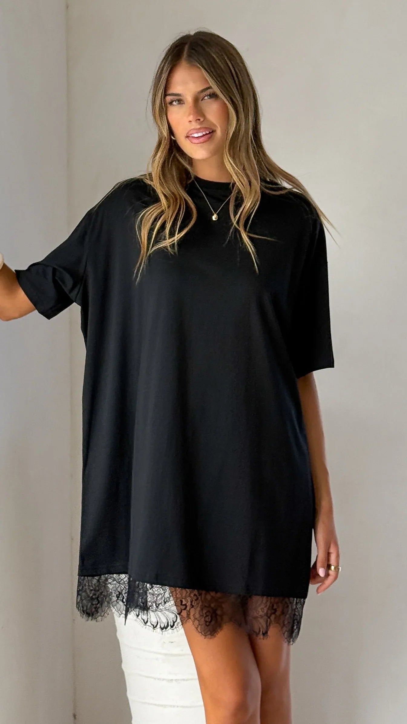 Saya T Shirt Lace Mini Dress - Black