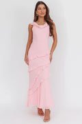 Sangria Cowl Neck Frill Maxi Dress Skin Powder