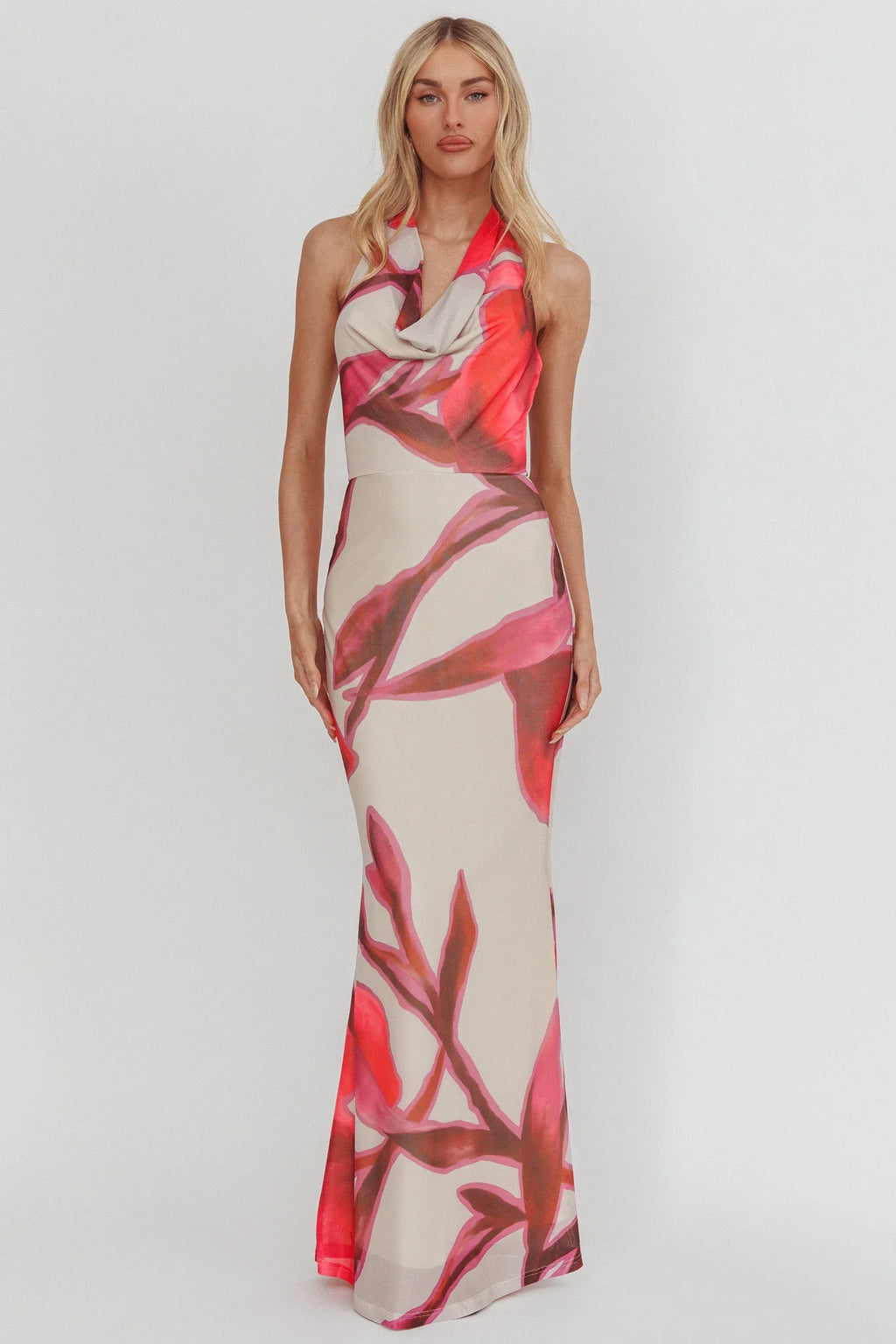 Outlier Cowl Halterneck Maxi Dress Print Beige