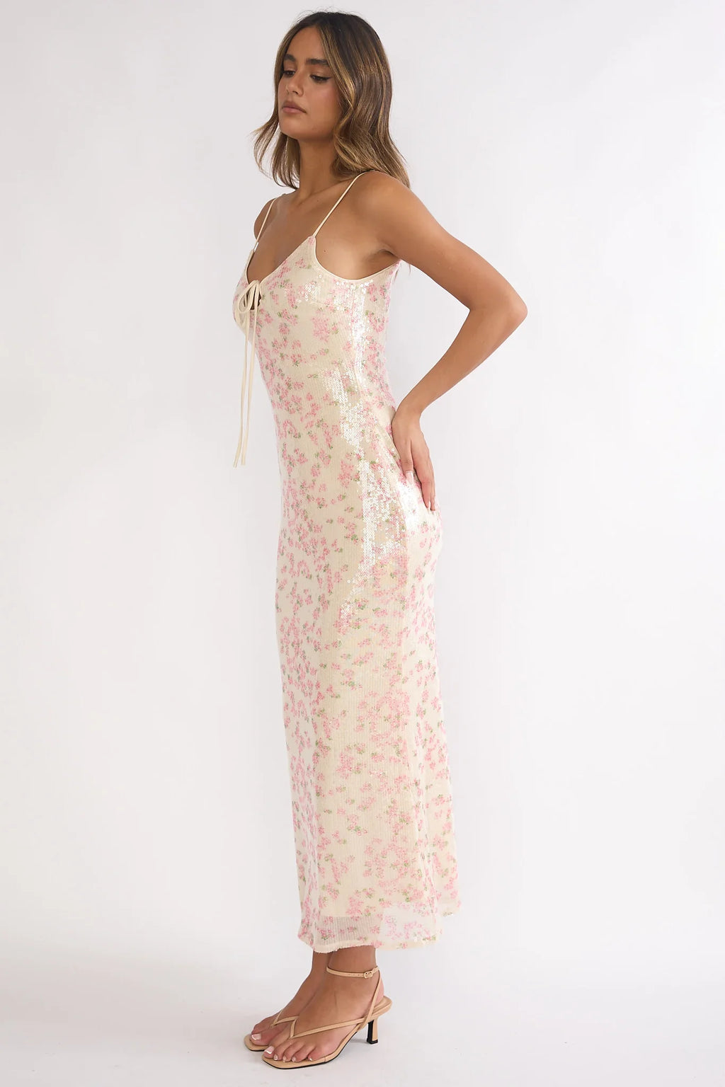 Marielle Bust Tie Sequin Maxi Dress Floral Pink Sage