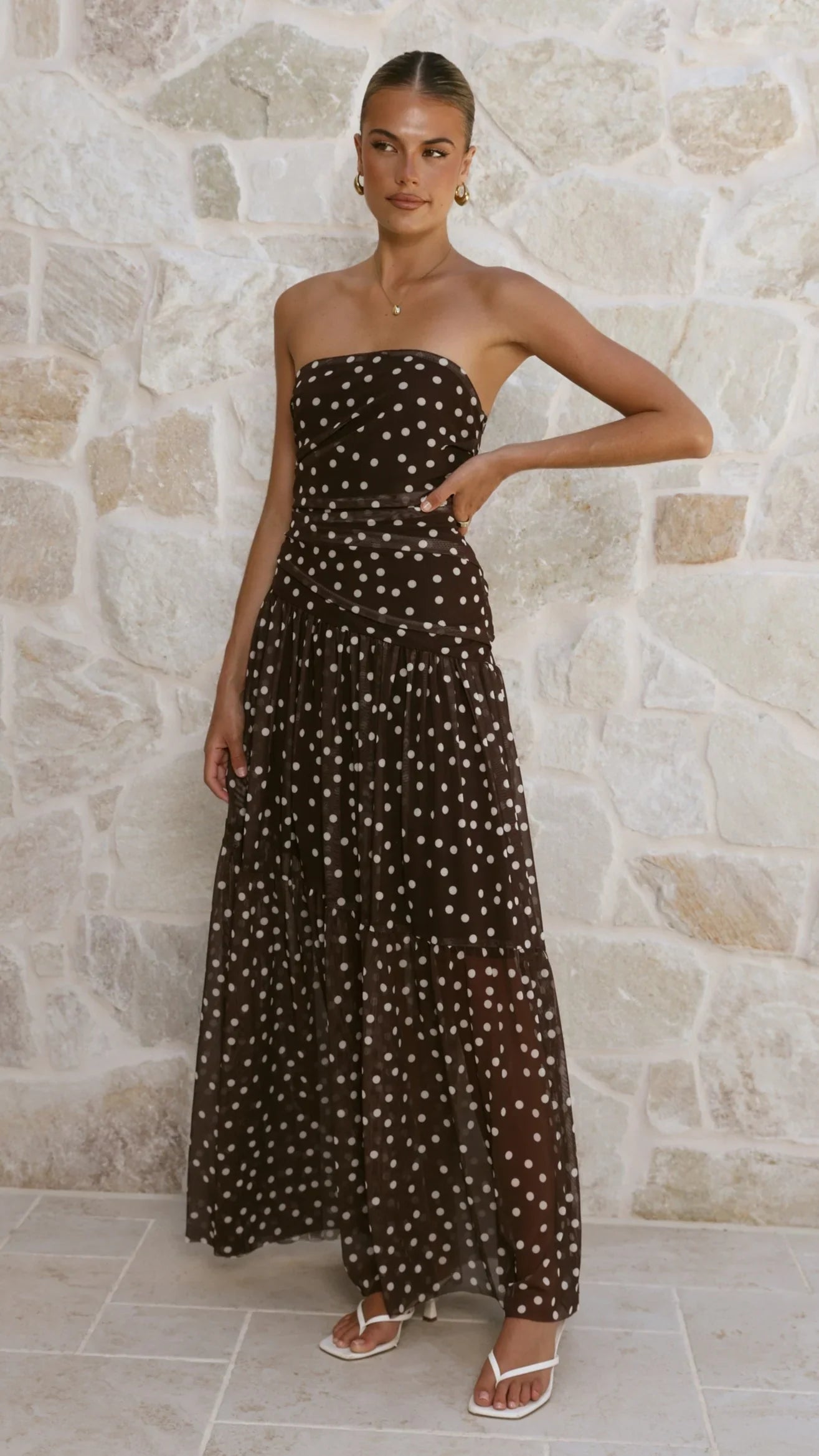Riko Strapless Maxi Dress - Chocolate Polka