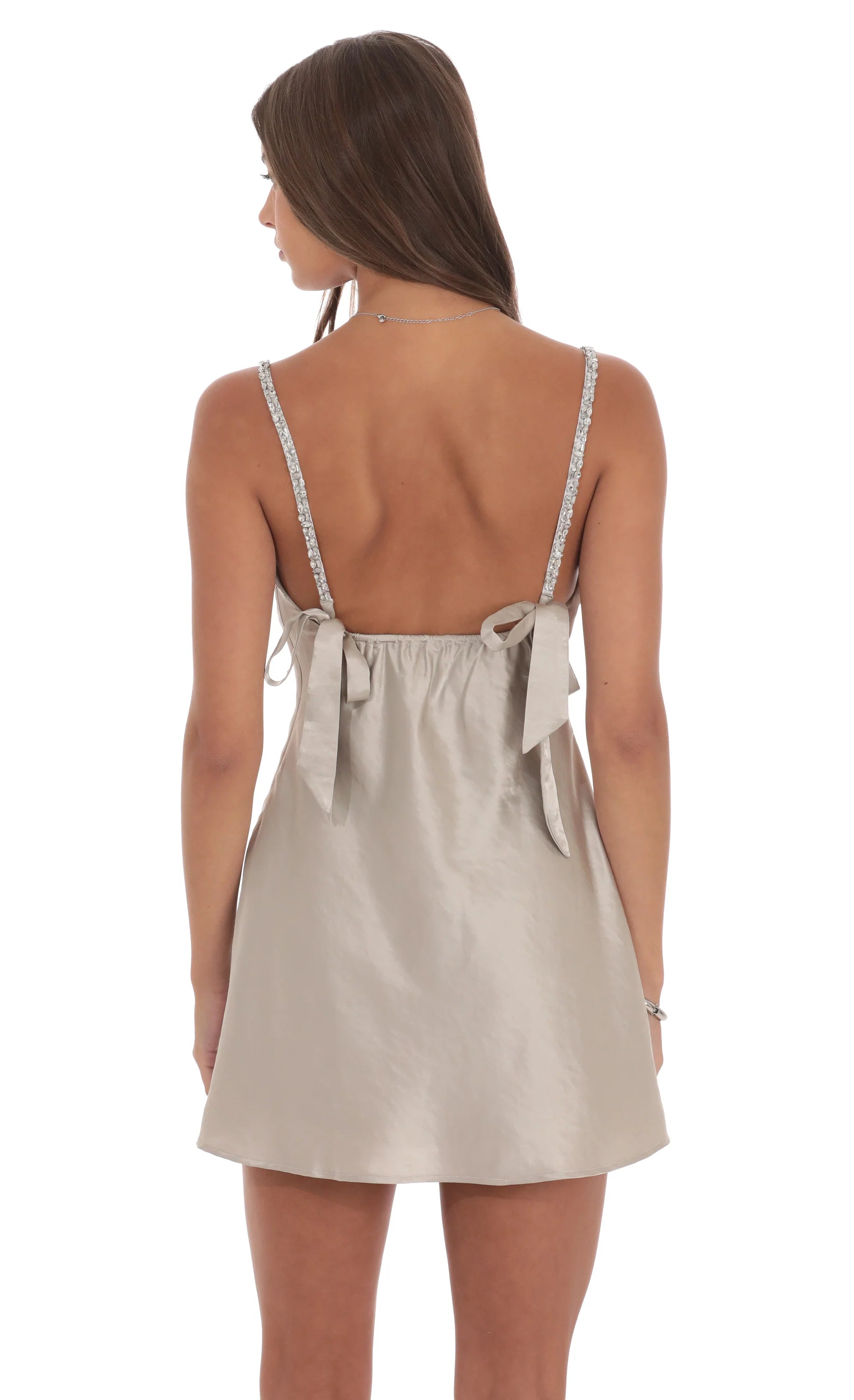 Rhinestone Strap Satin Dress in Taupe