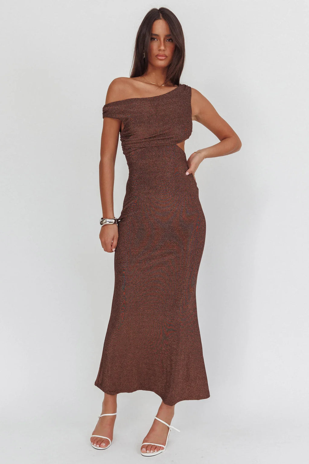 In Blooms Asymmetric Neckline Maxi Dress Shimmer Chocolate