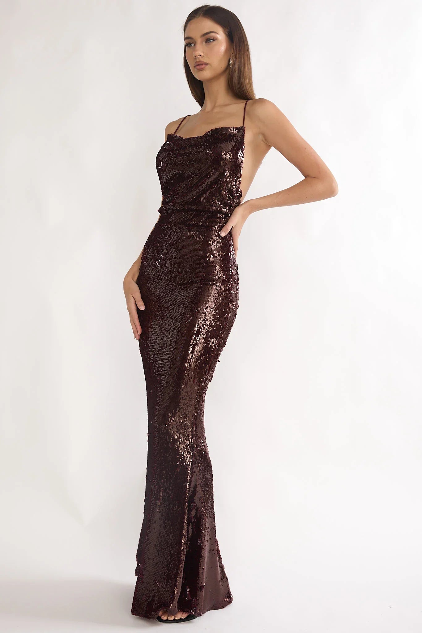 She's The Star Open Tied Back Maxi Dress Sequin Wine