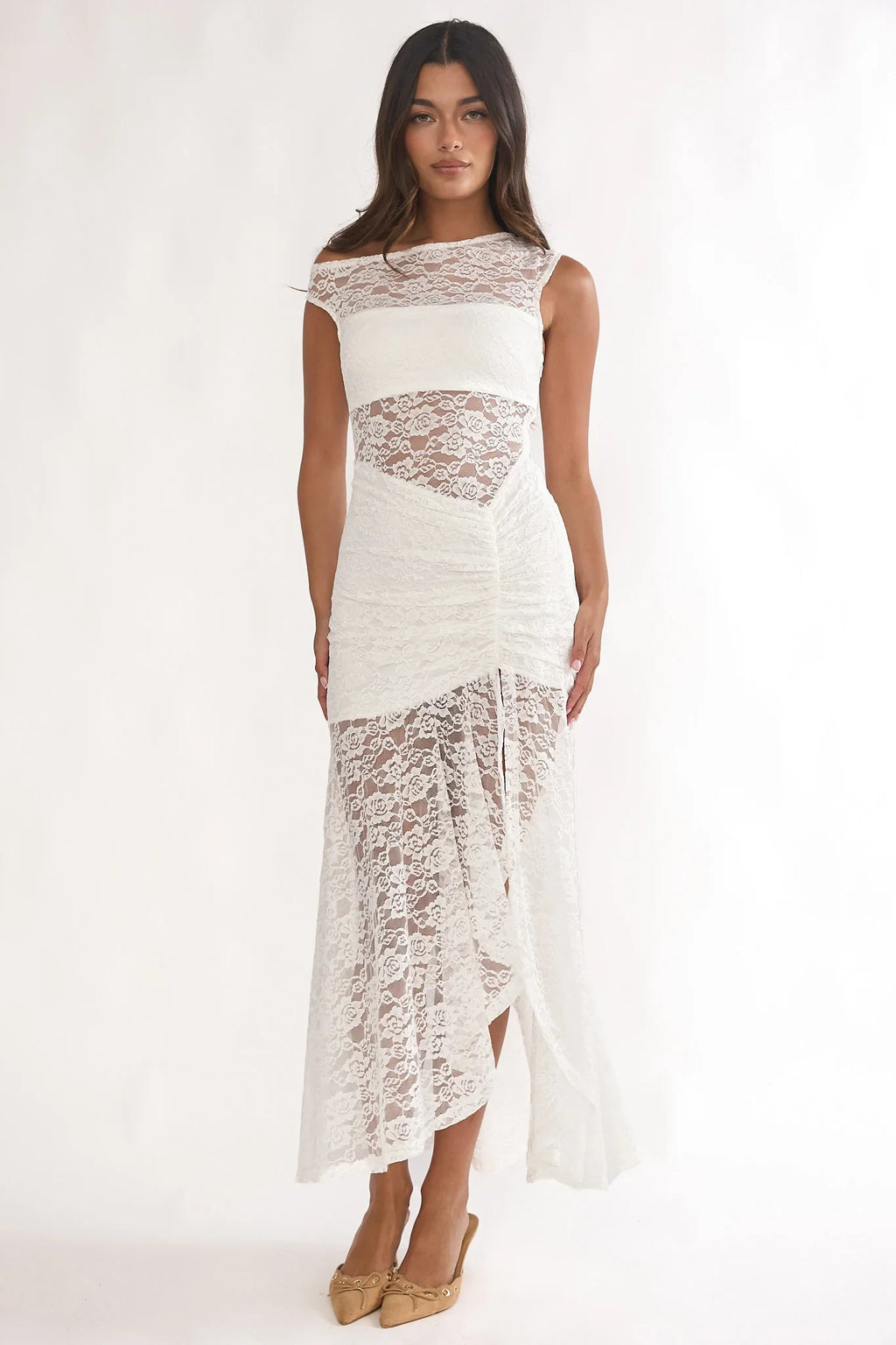 Moonlit Magic Asymmetric Neckline Lace Maxi Dress White