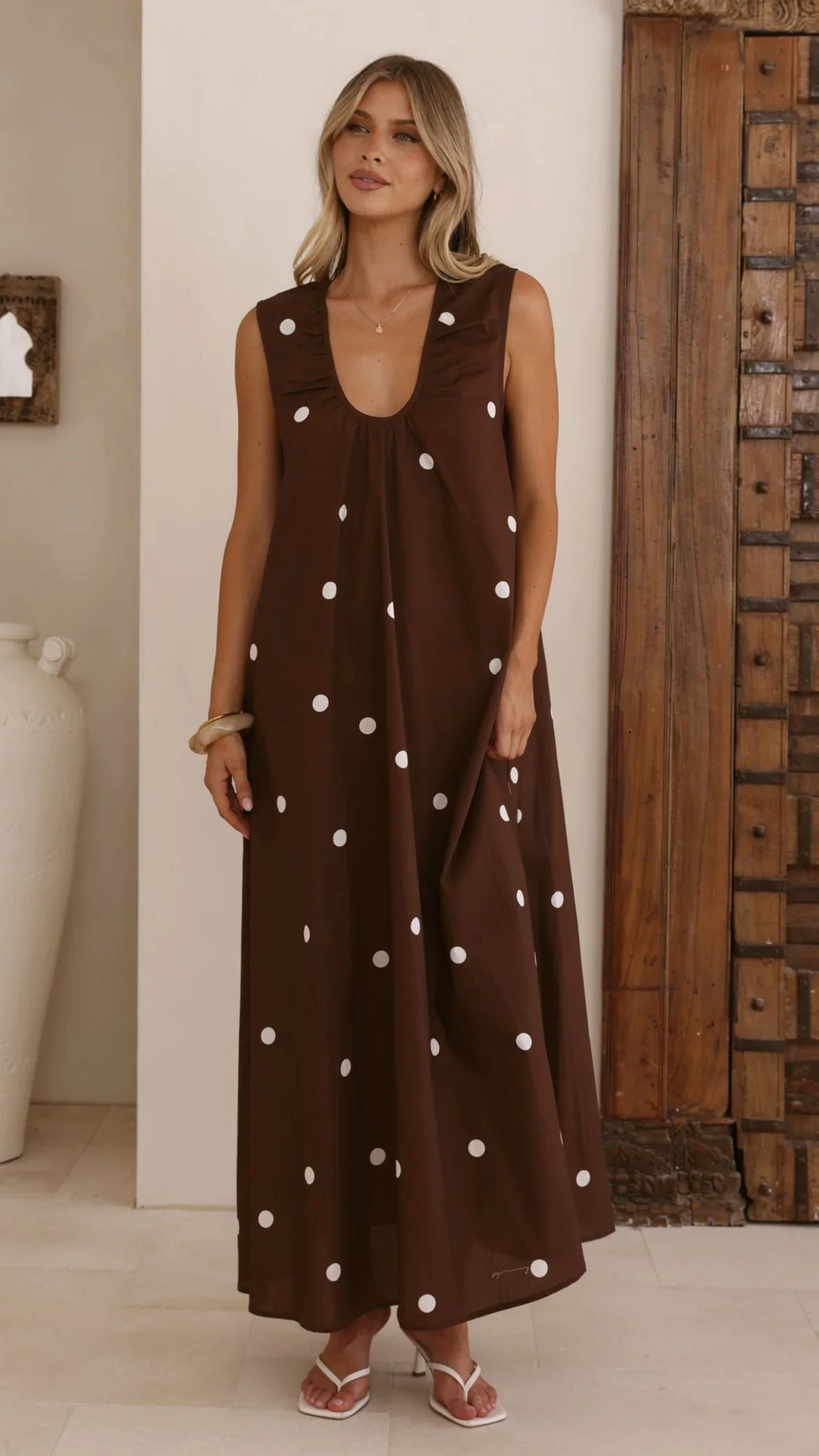 Scout Maxi Dress - Chocolate/White Polka