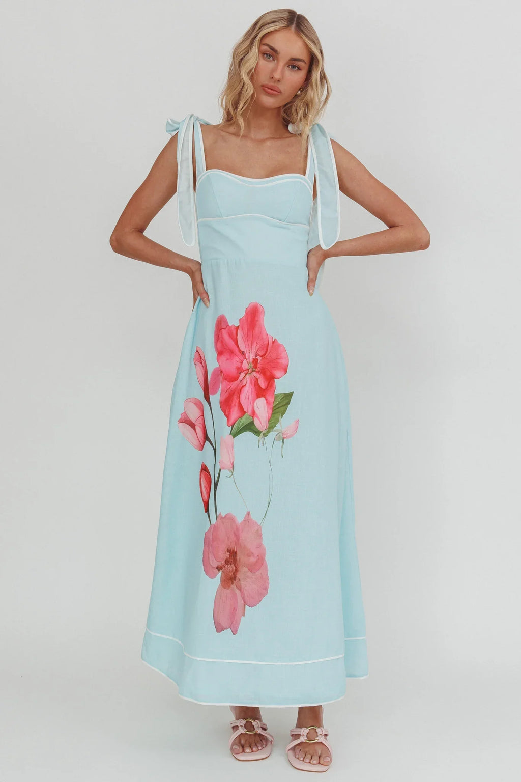 Averin Tied Shoulder Maxi Dress Flower Mint