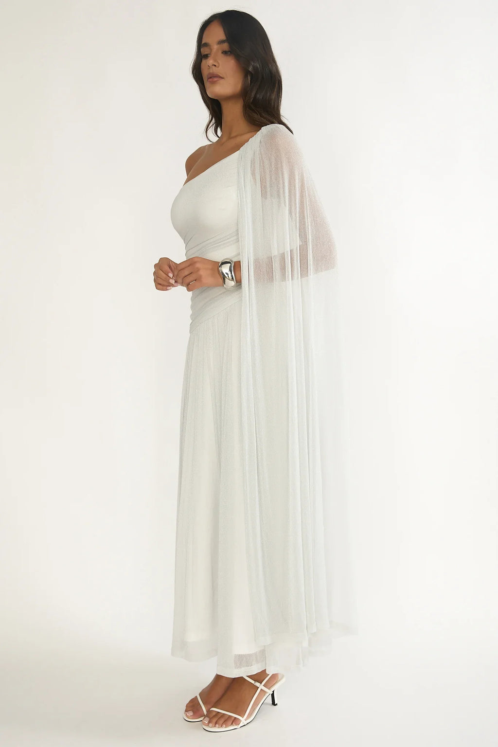 Zorina One-Shoulder Drape Maxi Dress Silver