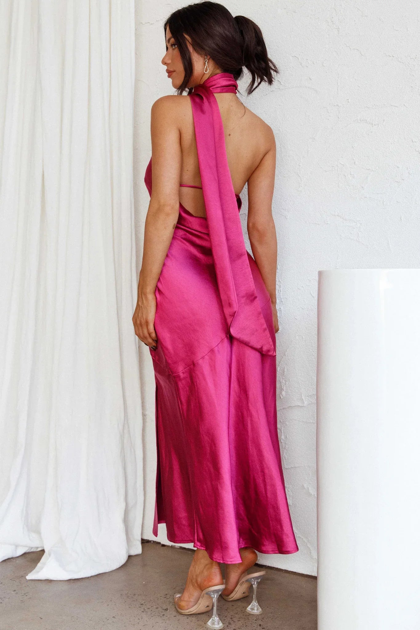 Italian Summer Tie Neck Midi Dress Fuchsia