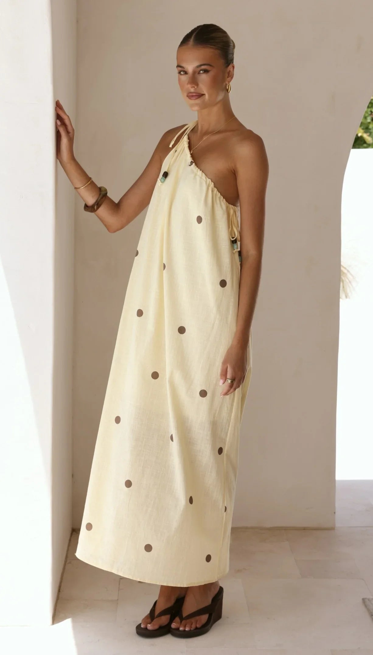 Nasira One Shoulder Maxi Dress - Yellow/Chocolate Polka