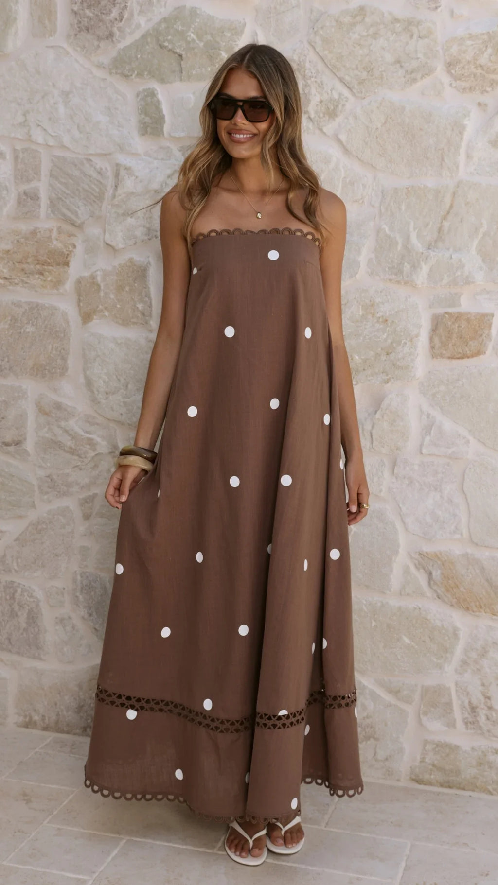 Sandra Maxi Dress - Chocolate/White Polka