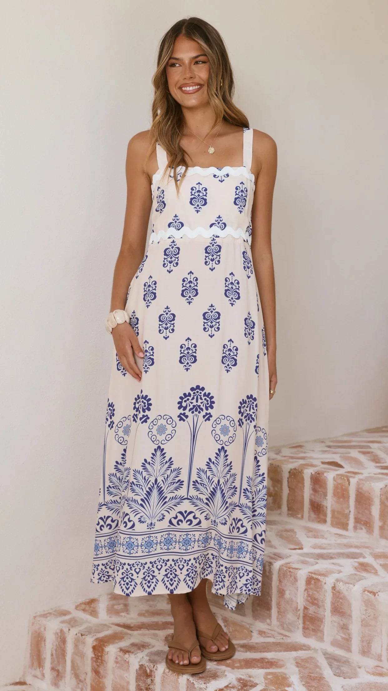 Myah Maxi Dress - Cream/Blue