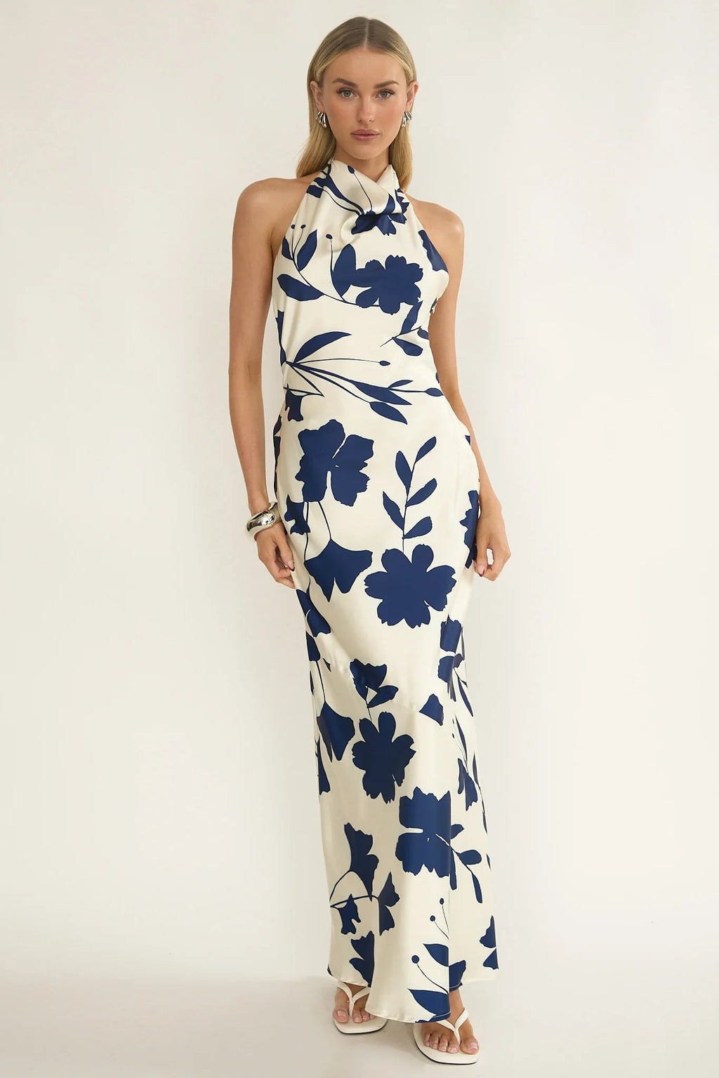 Elowis Cowl Halterneck Maxi Dress Floral Beige