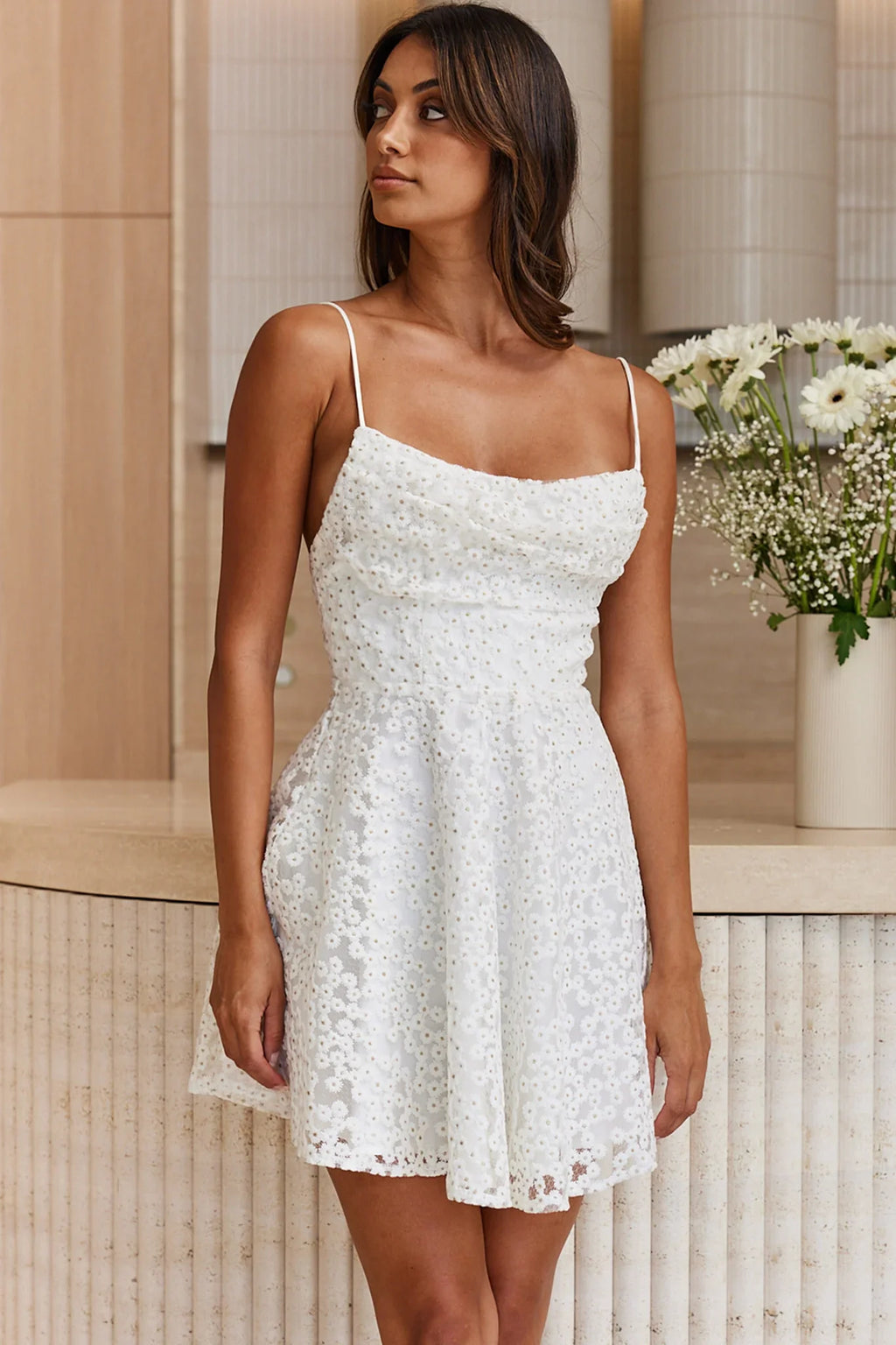 Marbella Floral Embroidered Overlay Scoop Neck Mini Dress White