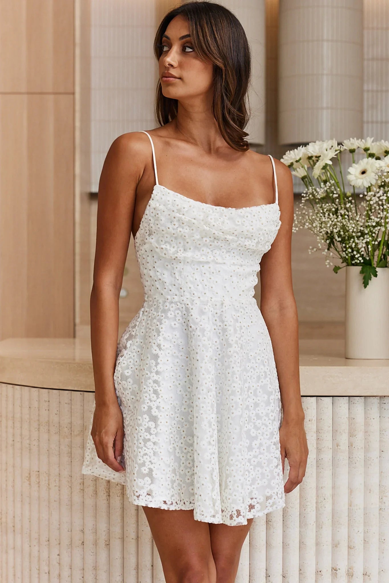 Marbella Floral Embroidered Overlay Scoop Neck Mini Dress White