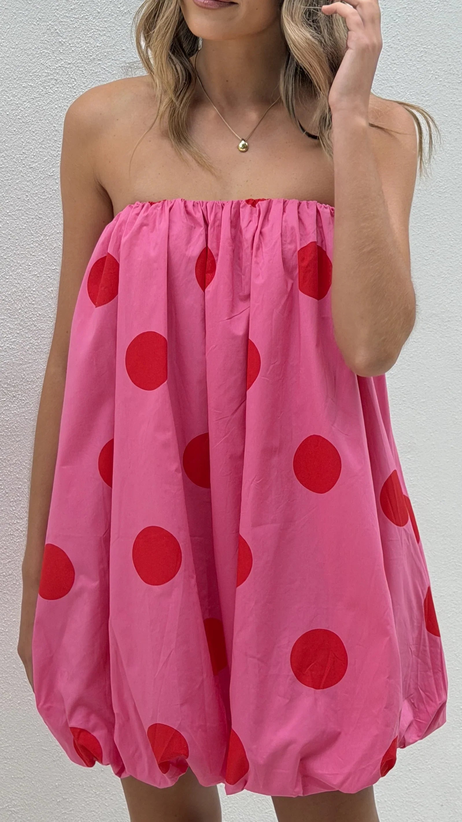 Everly Strapless Mini Dress - Pink/Red Polka