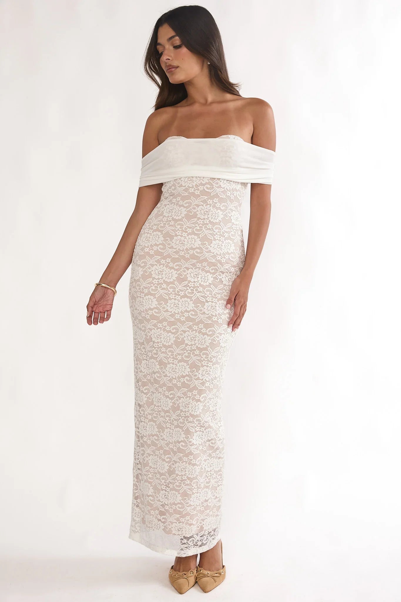 Jewelene Off-Shoulder Maxi Dress Lace White