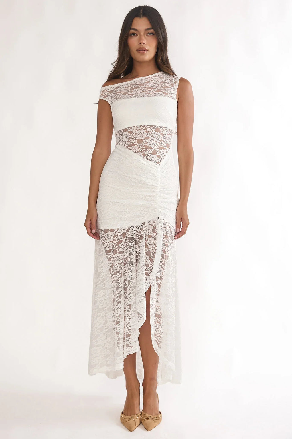 Moonlit Magic Asymmetric Neckline Lace Maxi Dress White
