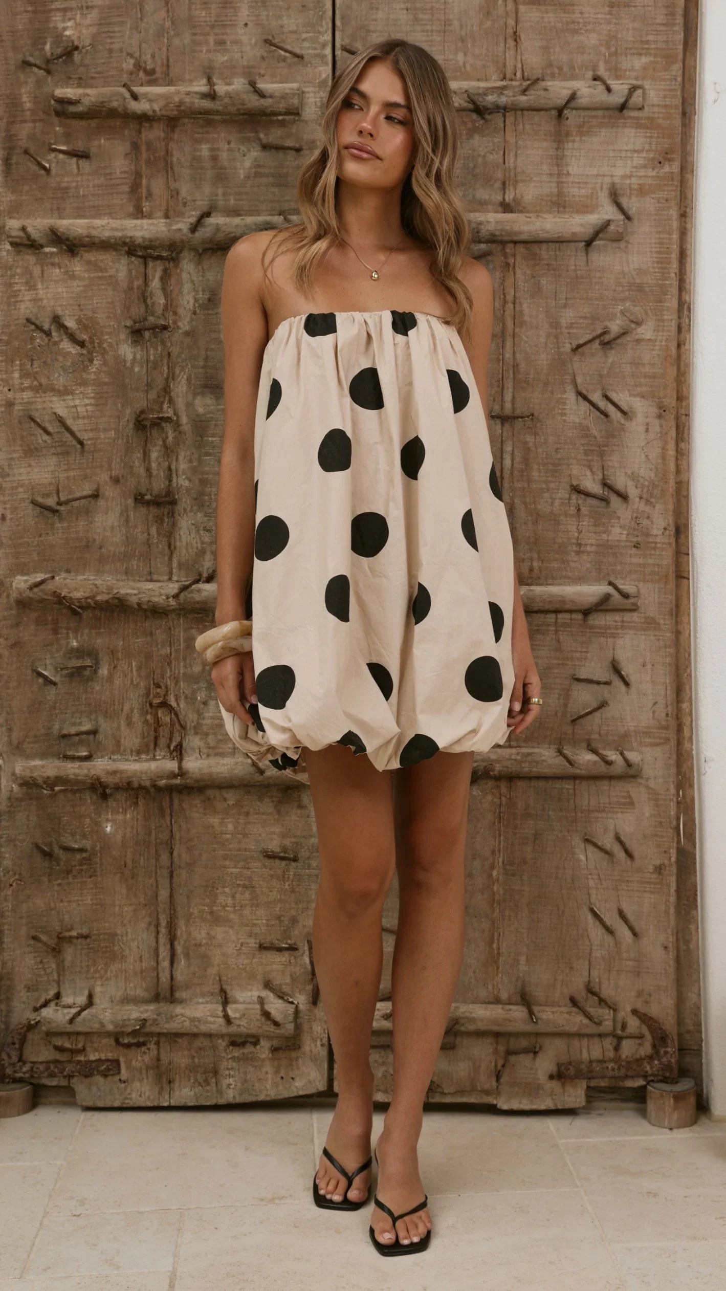 Everly Strapless Mini Dress - Oat/Black Polka