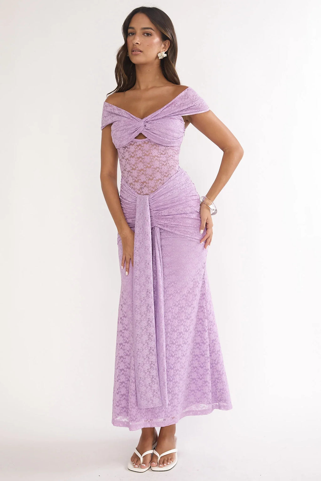 Kamilah Ruched Lace Maxi Dress Lilac