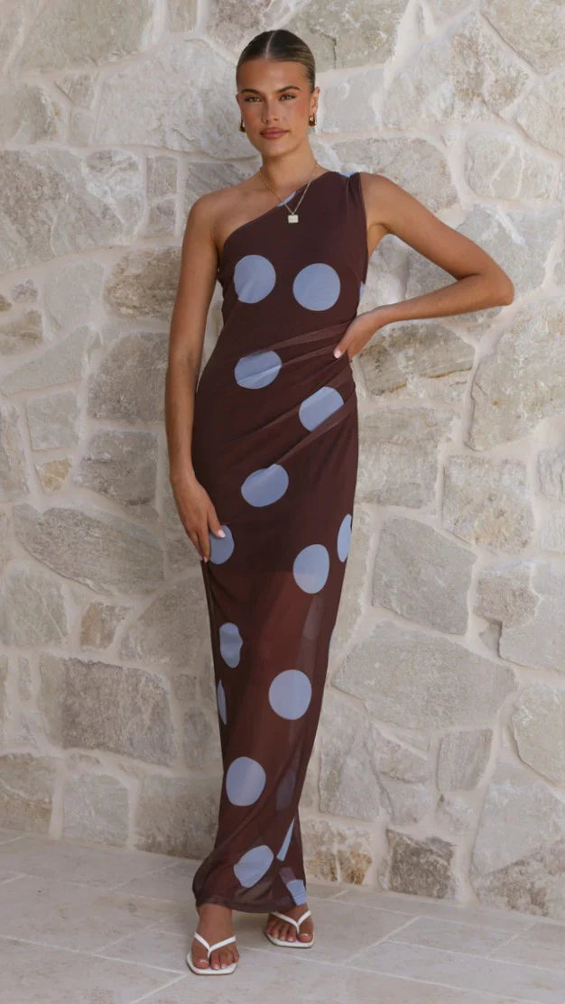 Cataleya Mesh Maxi Dress - Brown / Blue Polka Dot