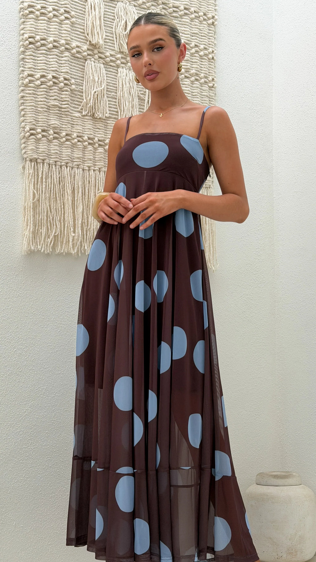 Melinda Mesh Maxi Dress - Brown / Blue Polka Dot