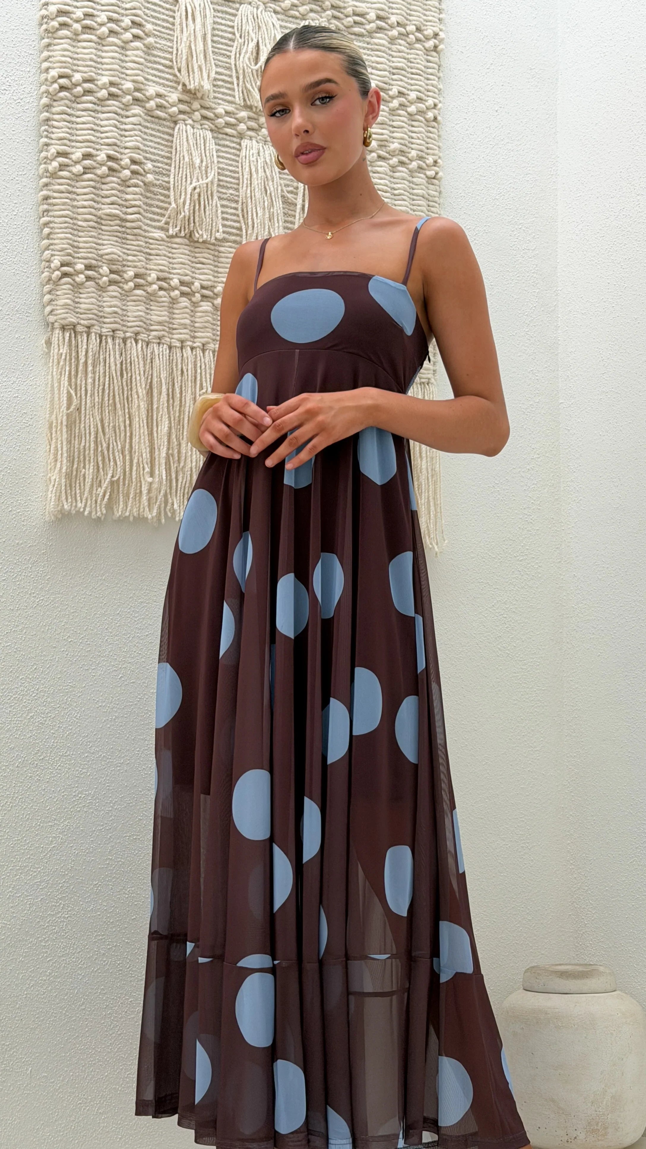 Melinda Mesh Maxi Dress - Brown / Blue Polka Dot