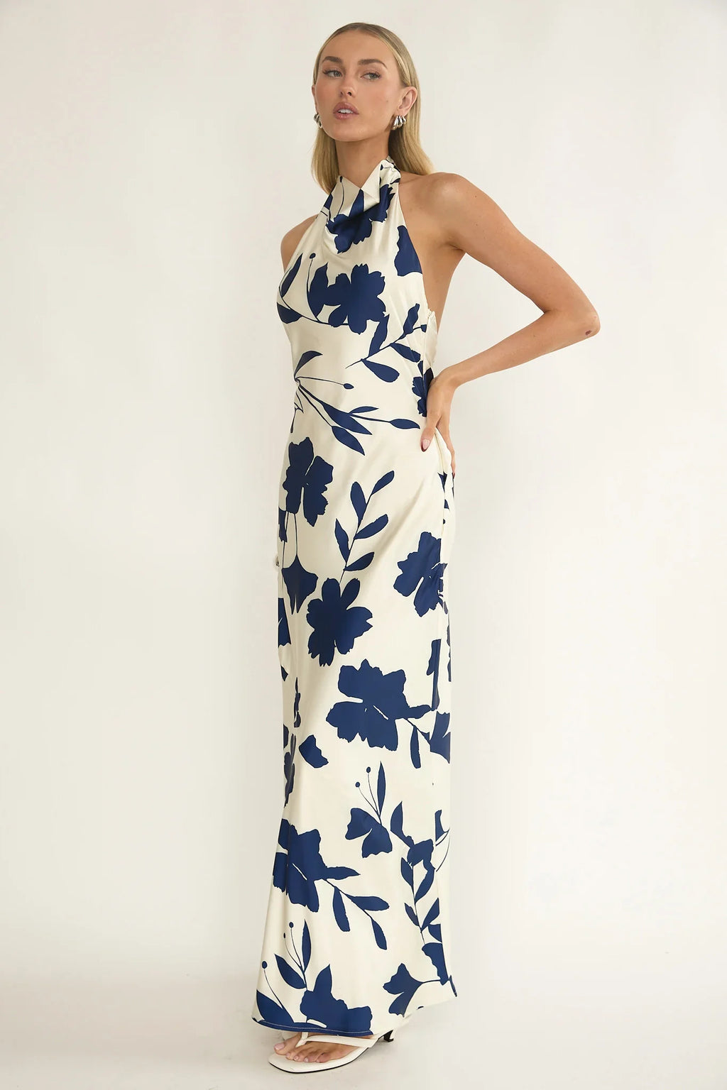 Elowis Cowl Halterneck Maxi Dress Floral Beige
