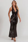 Italia Azure Halterneck Sequin Maxi Dress Black
