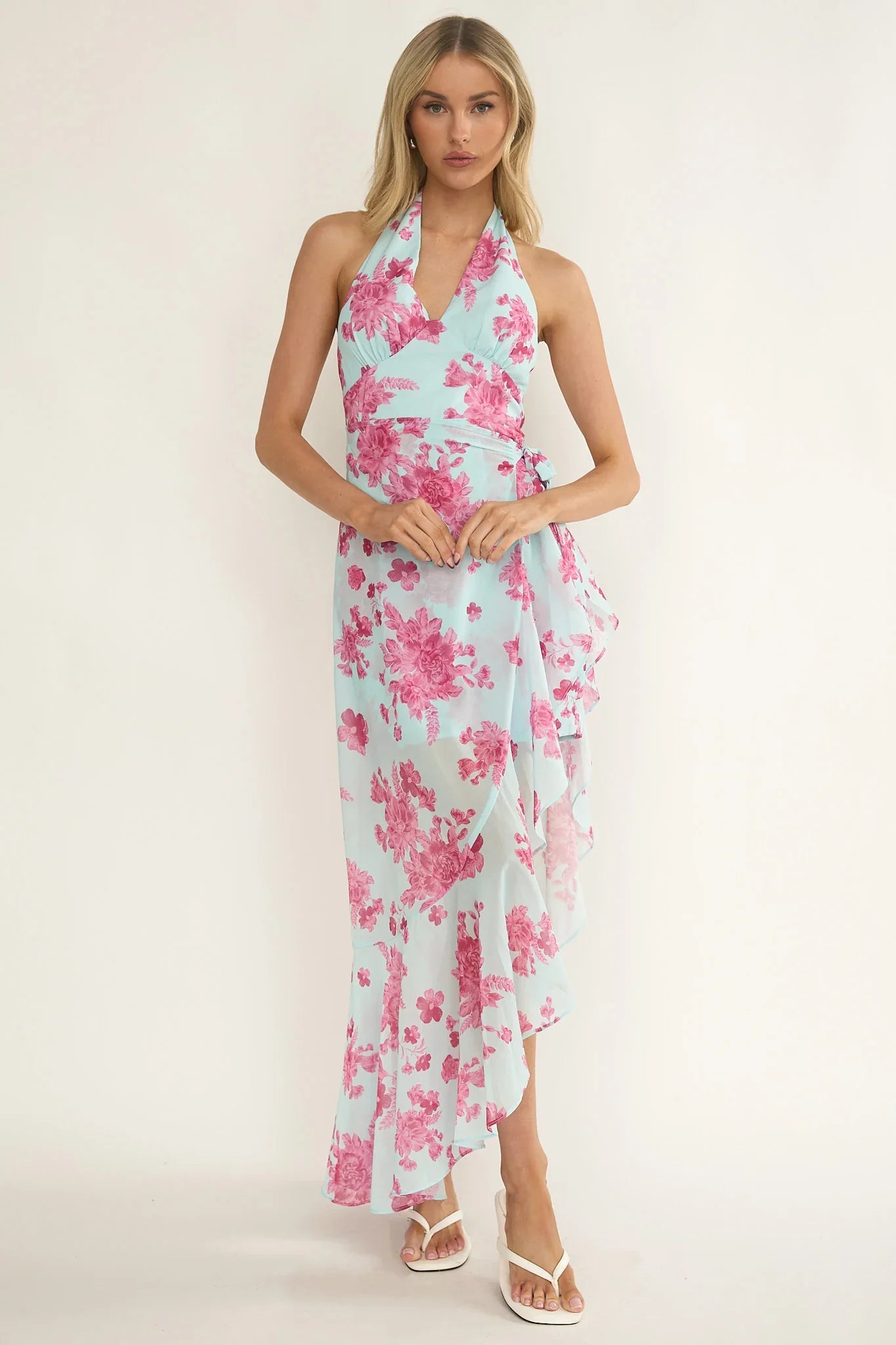 Nerida Waist Tie Asymmetric Dress Floral Ice Blue