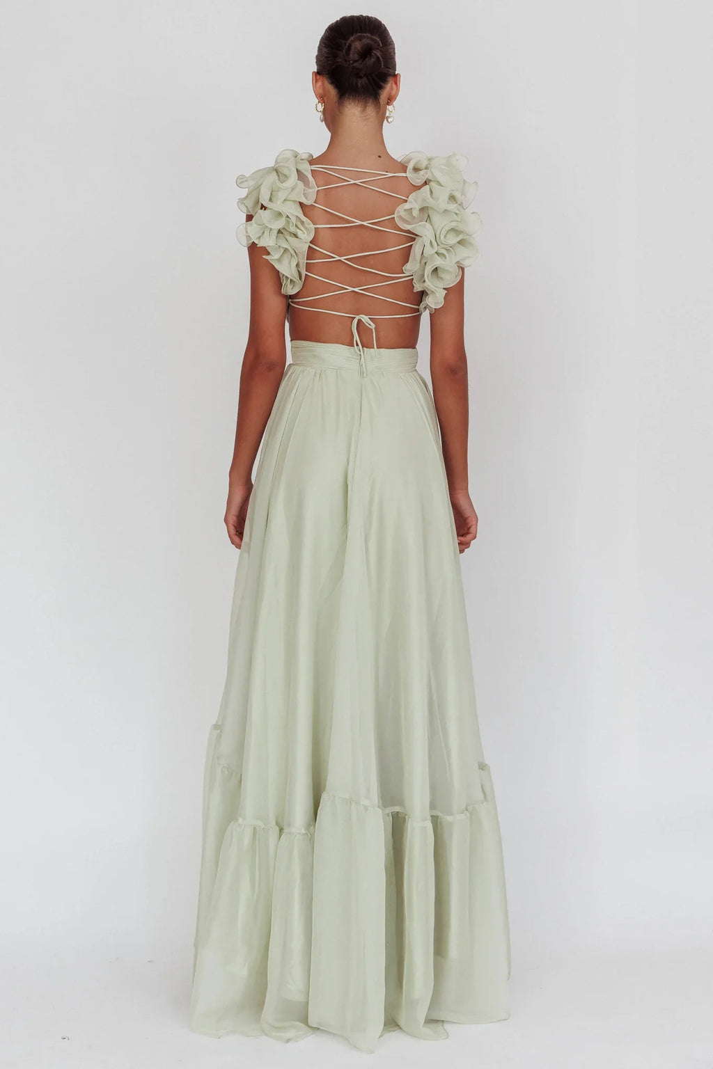 Bellamy Lace-Up Back Ruffle Maxi Dress Sage