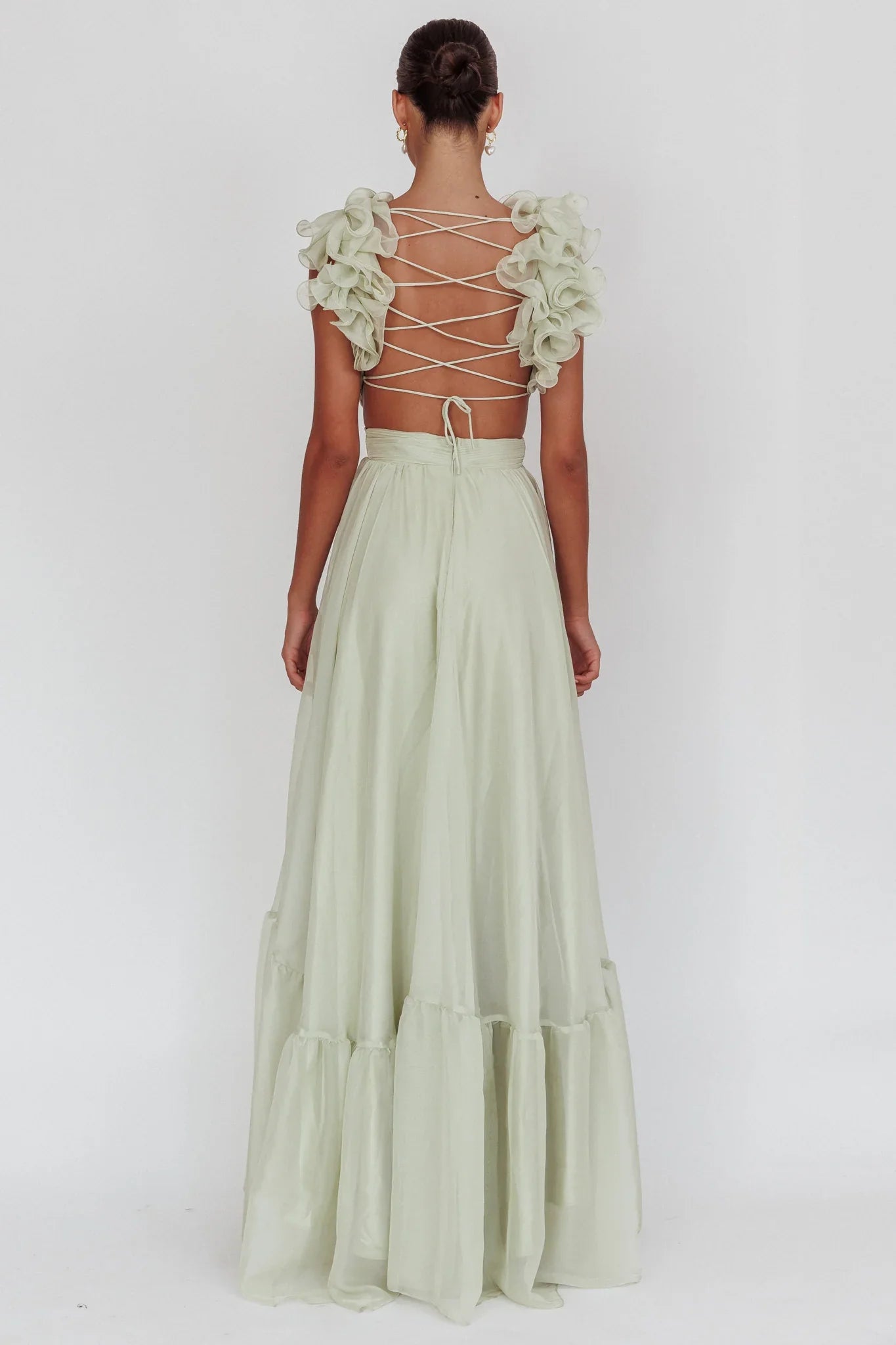Bellamy Lace-Up Back Ruffle Maxi Dress Sage