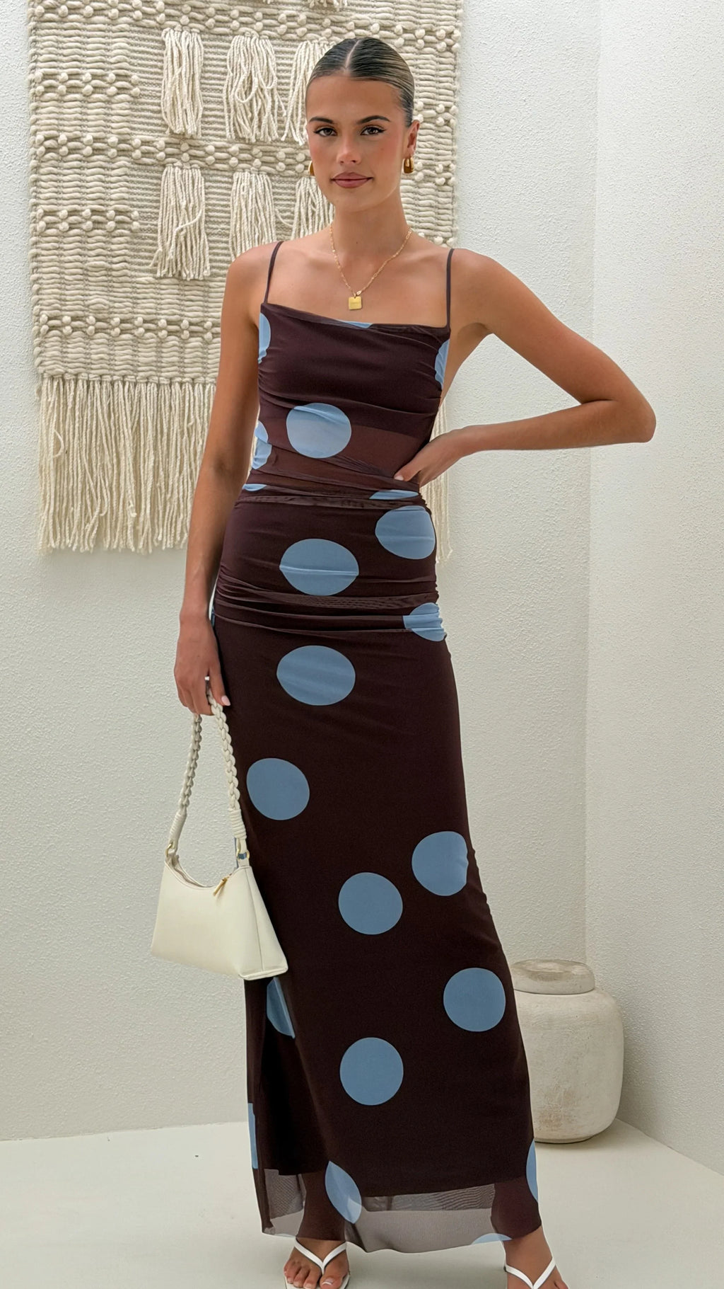 Loralei Mesh Maxi Dress - Brown / Blue Polka Dot