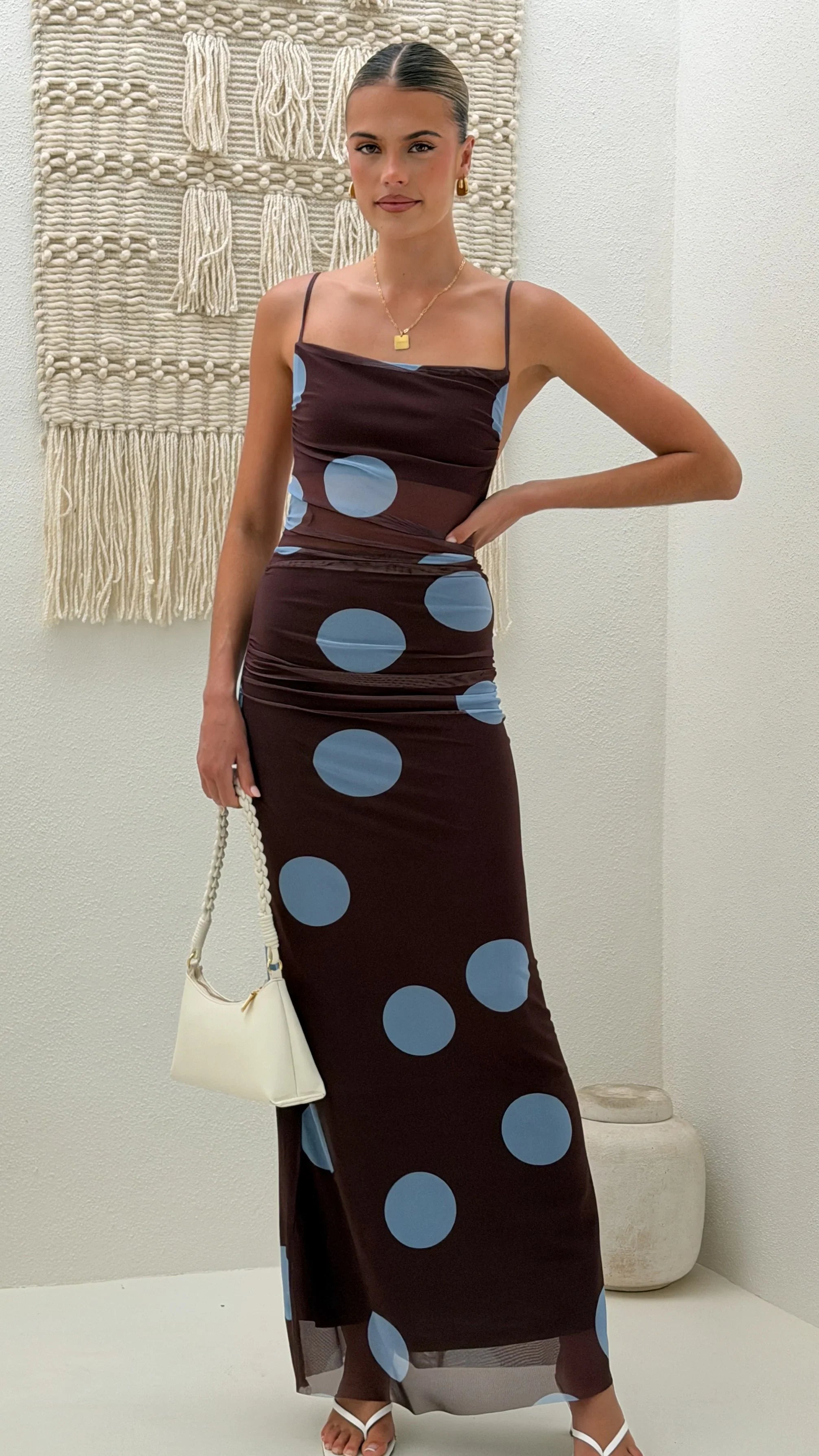 Loralei Mesh Maxi Dress - Brown / Blue Polka Dot