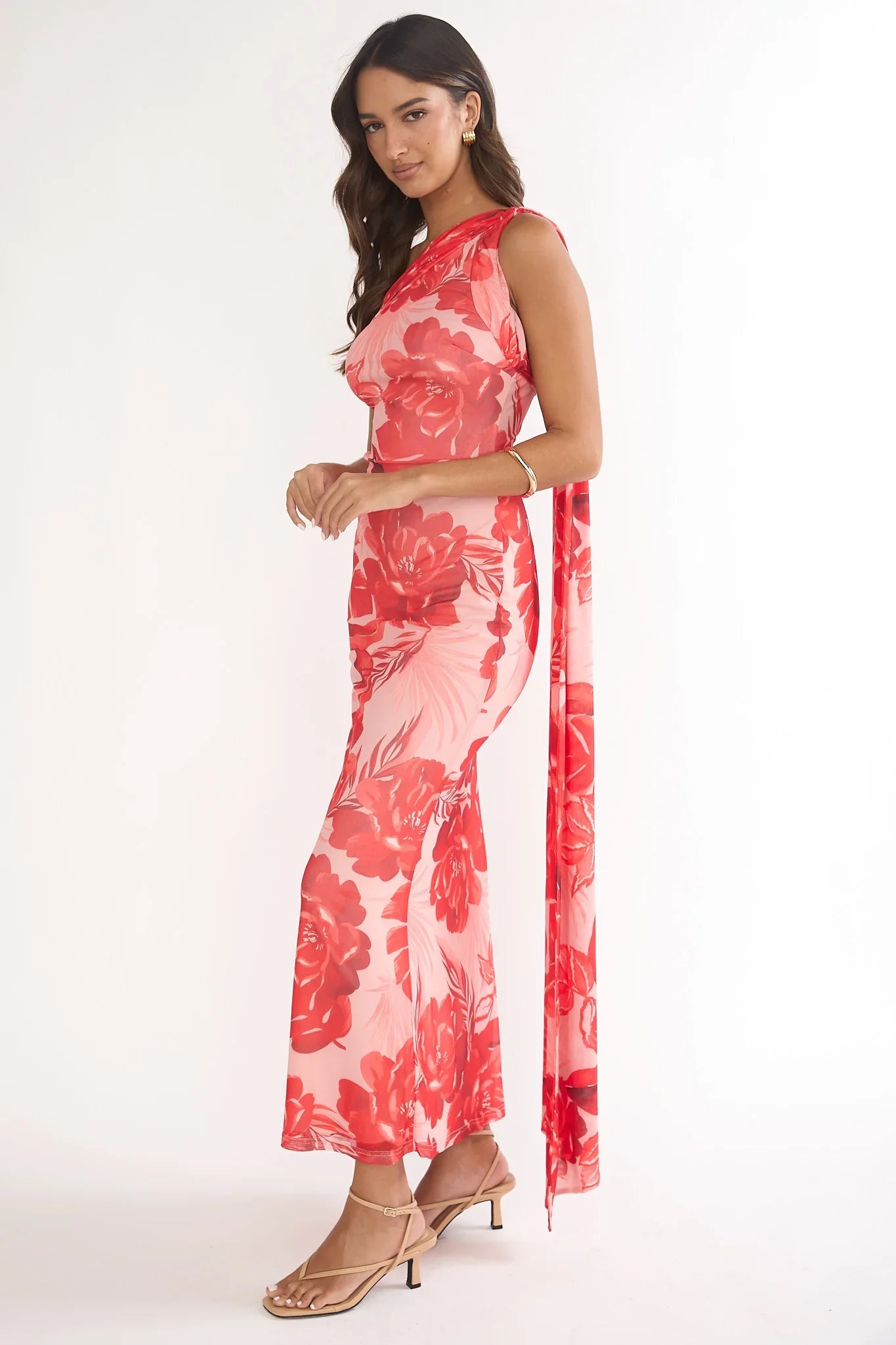 Ilyse Neck Scarf One-Shoulder Maxi Dress Floral Red